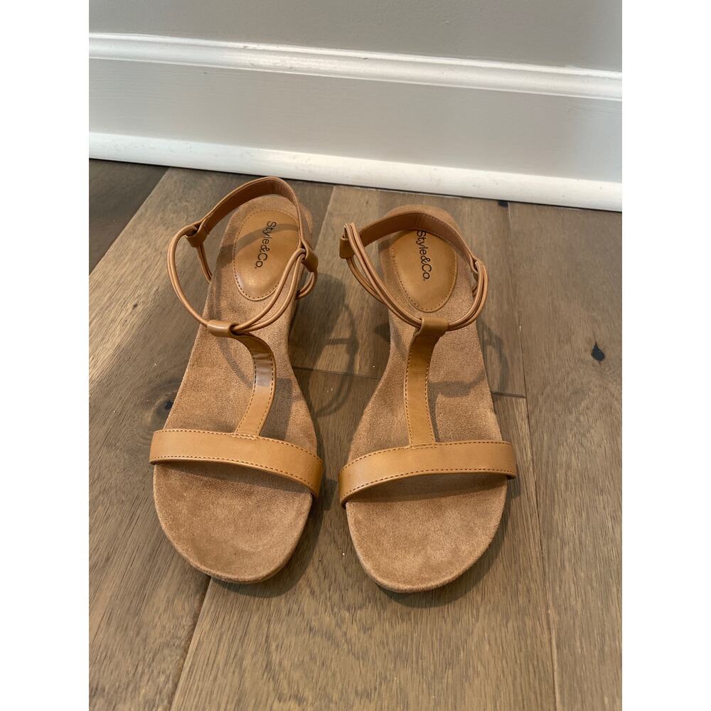 Style & Co Brown Tan Strappy Faux Leather Cork Wedge Sandals – Size 8